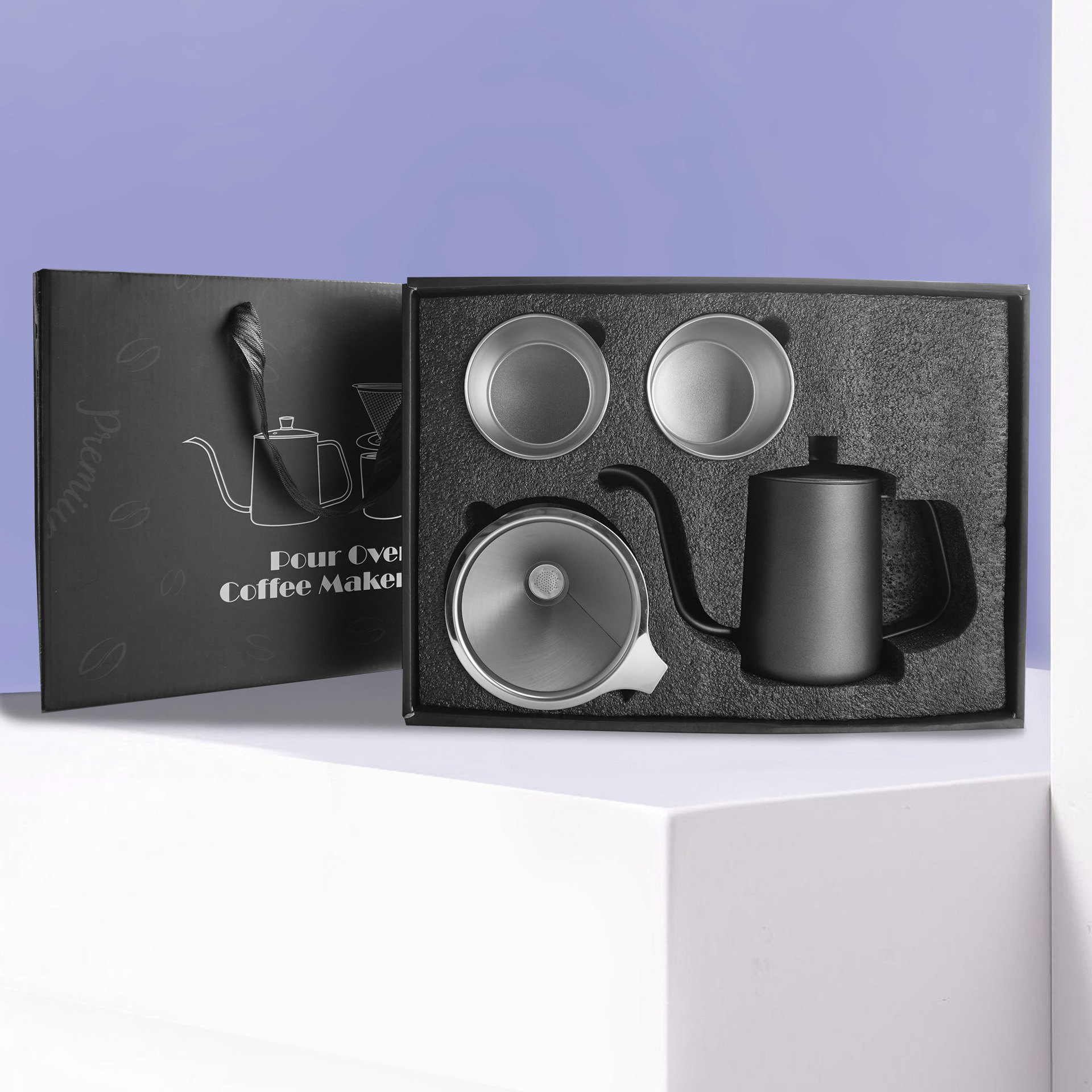 24 años nuevo juego de café de mano de acero inoxidable para viajes al aire libre caja de regalo de cuatro piezas juego de cafetera de mano