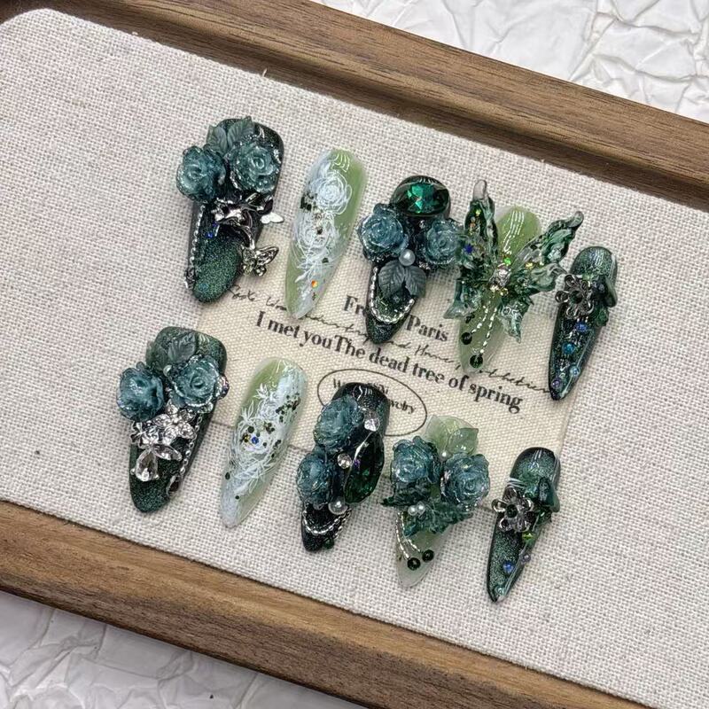 Green Butterfly Complex False Nails, Medium-Length Handmade Nail Art, High-End Wholesale Purely Handmade Wearable Nails