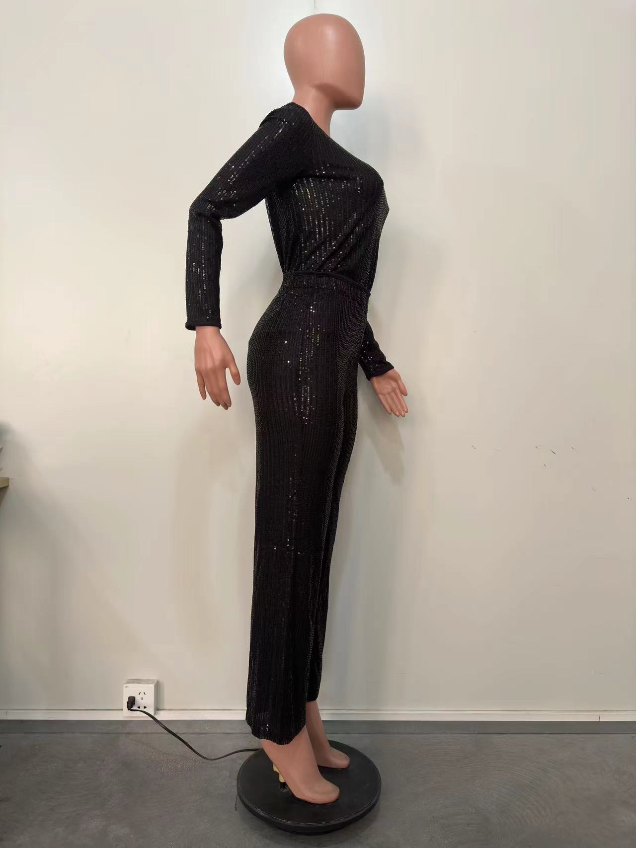 Women's Clothing new sequined solid color long sleeved trousers two piece set_voghion.com