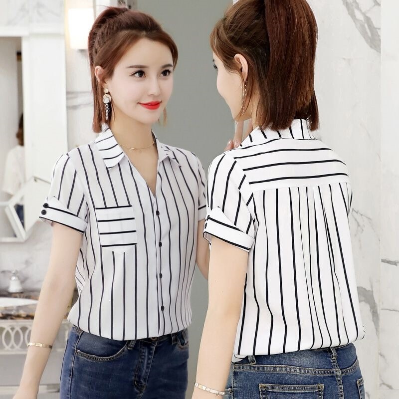 2025 Women's Professional Collared Shirt Versatile New Large Size Summer Korean Style Black and White Striped Slimming Shirt 2025 Women's Professional Collared Shirt Versatile New Large Size Summer Korean Style Black and White Striped Slimming Shirt