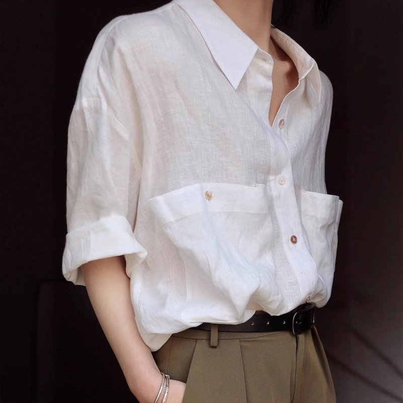 Trendy and Chic Linen White Shirt for Women, Summer New French Retro Style with Large Pocket Design, Short-Sleeve Boyfriend Shirt