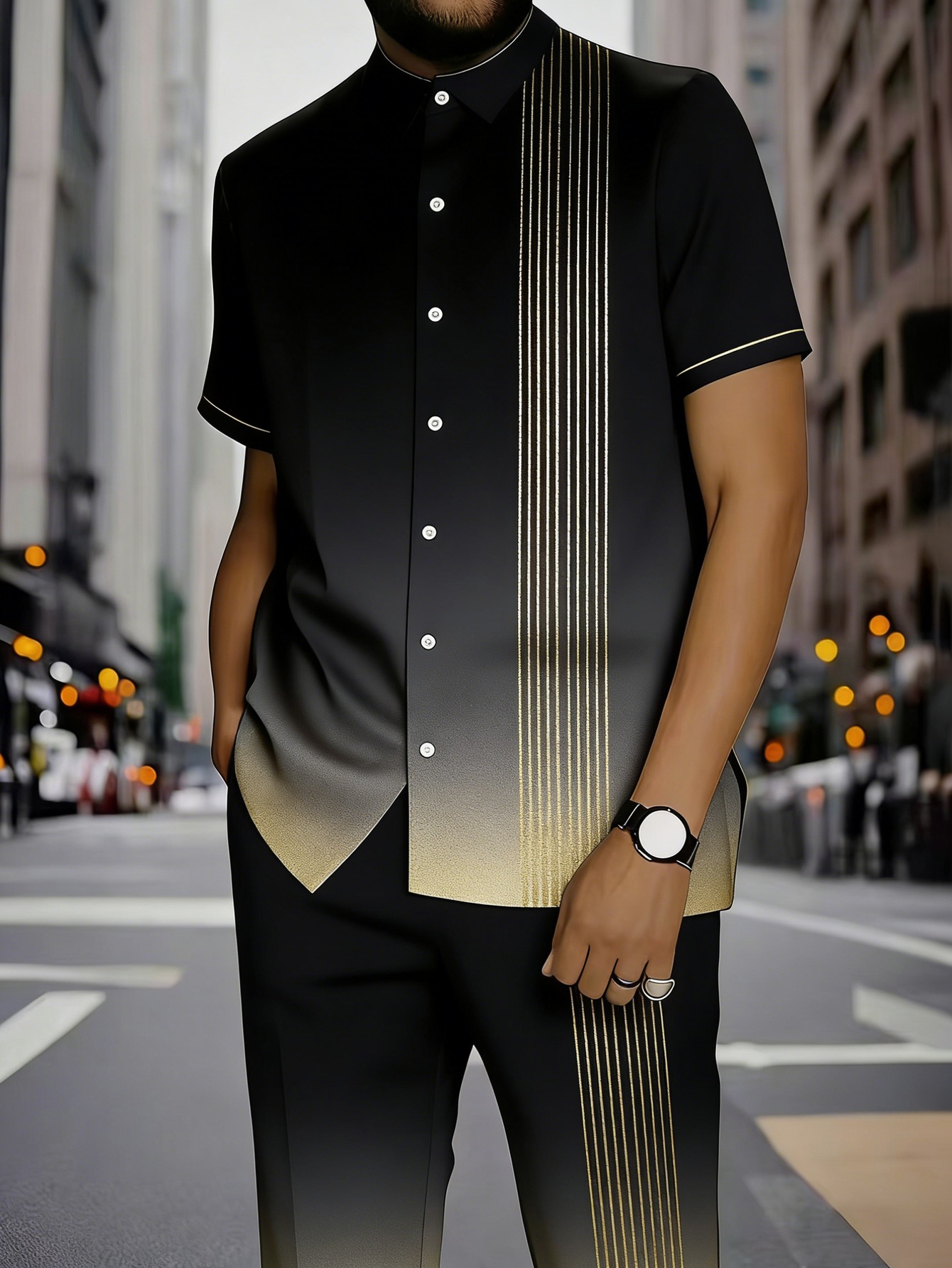 Men's Clothing Men's Commuter Style Short Sleeve Shirt And Shorts Set Collared Geometric Print Spring Summer_viptrois.com