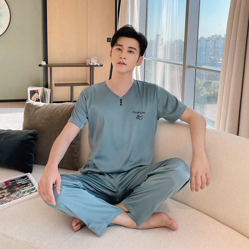 Supply Cross-border Live Broadcast New Ice Silk Short-sleeved Trousers Pullover Pajamas Men's Ice Satin Ice Silk Home Clothes Men's