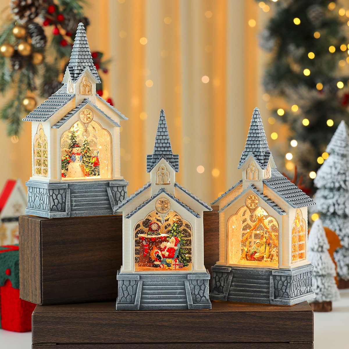 Regalo de Navidad Casa de Santa Claus Lámpara de viento de cristal Decoración de Navidad Decoración de la casa Nieve Música Caja de música