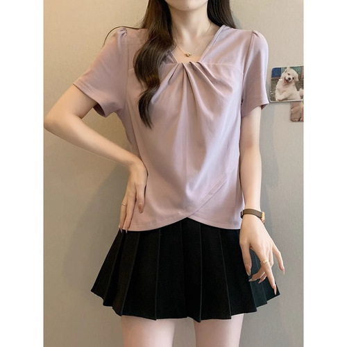 Summer Plus Size Oversized Women's Fashion Design V-Neck Asymmetrical Shoulder Slim Short Sleeve T-Shirt Top