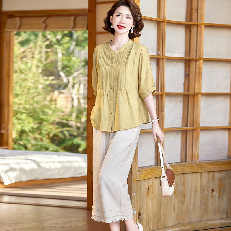Middle-Aged Mom's Summer Short-Sleeve T-Shirt Top, New Style Middle-Aged and Elderly Women's Summer Fashionable Casual Cotton-Linen Set, Thin Middle-Aged Mom's Summer Short-Sleeve T-Shirt Top, New Style Middle-Aged and Elderly Women's Summer Fashionable Casual Cotton-Linen Set, Thin