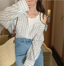 韩版设计感假两件拼接长袖衬衫2022秋季宽松单排扣条纹衬衣女