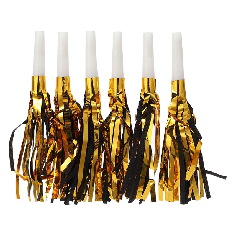 Suministros de juguetes de trompeta para niños con silbato y borla dorada para fiestas, disponibles para personalización/creación de patrones.