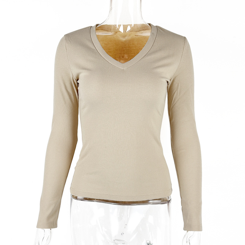 2024 otoño e invierno europeo y americano nuevo estilo transfronterizo de moda femenina de punto acanalado delgado con cuello en V manga larga tops de color sólido