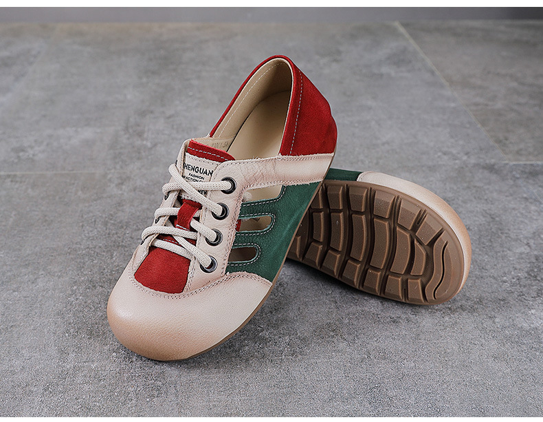 Giày sneaker nữ da thật phối màu cổ điển, đục lỗ thoáng khí, đế êm — màu nâu chi tiết 11