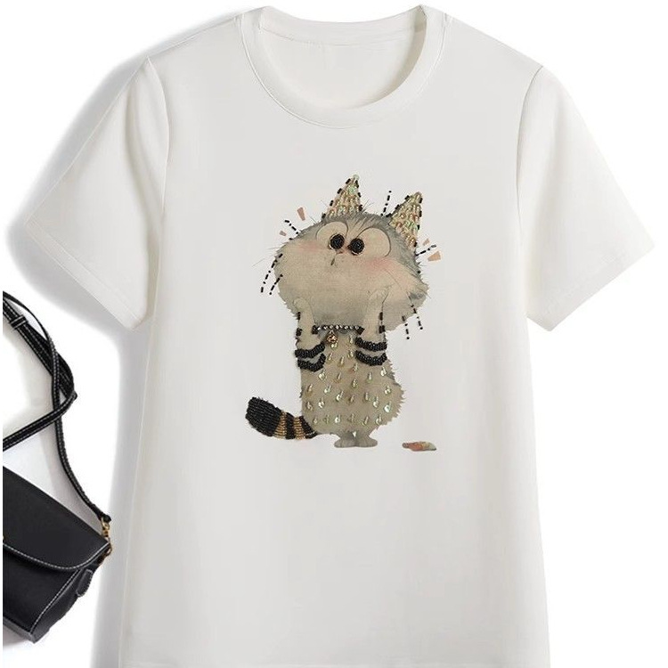 Plus Size Women's Clothing 150kg Fat mm Hand-Beaded Sequins Diamond-Encrusted Right Shoulder Short-Sleeved T-Shirt Cute Printed Tops