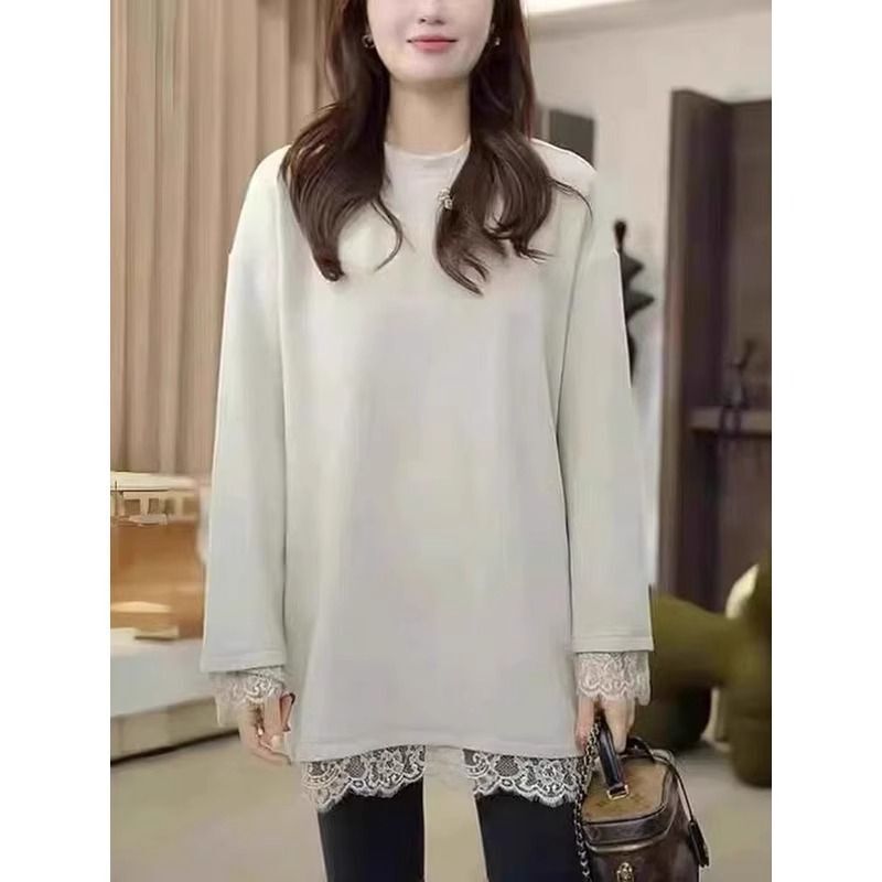 Lace Fleece-Lined Layered Butt-Covering Bottoming Shirt for Women with German Velvet Thickeneded Lace Stand-Up Collar Long-Sleeved T-Shirt Top for Winter