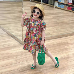 童裝女童連衣裙2024夏裝裙子田園油畫風碎花裙純棉寬鬆長袖公主裙