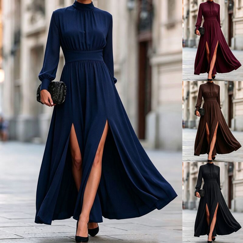 2026 Amazon Independent Station Cross-Border New Model Stand Collar Long Sleeve High Waist Double Slit Long Flared Dress 2026 Amazon Independent Station Cross-Border New Model Stand Collar Long Sleeve High Waist Double Slit Long Flared Dress
