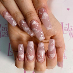 長芭蕾裸色透粉雲朵穿戴美甲防水假指甲美甲貼片可拆卸指甲貼片