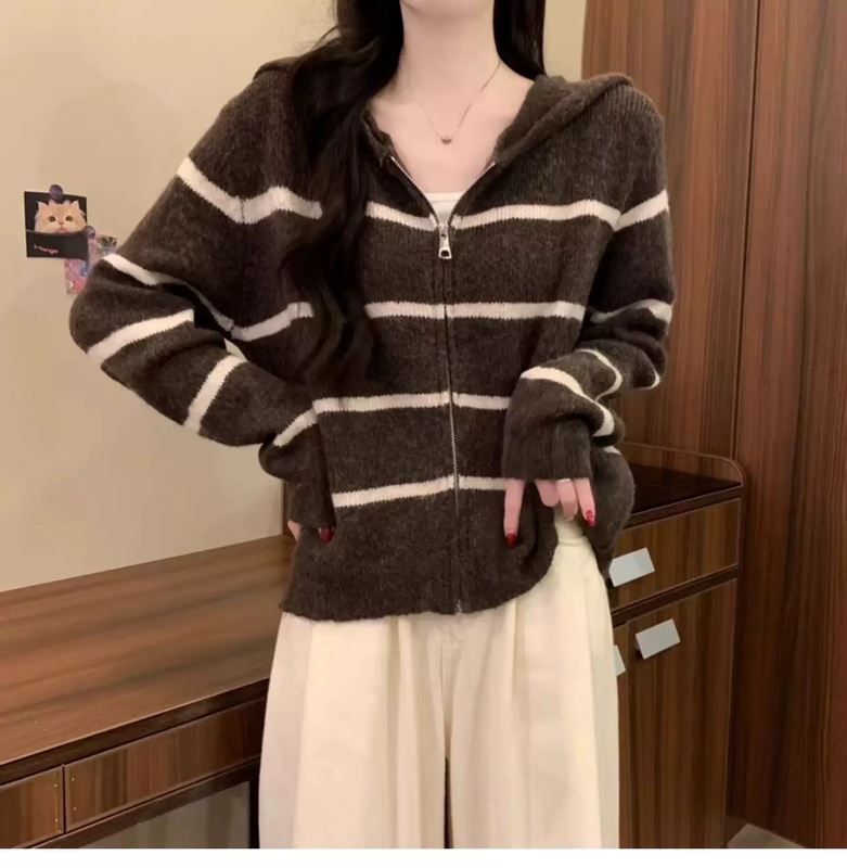 拉链连帽条纹撞色毛衣外套女2025秋冬新款休闲百搭慵懒风针织开衫|undefined