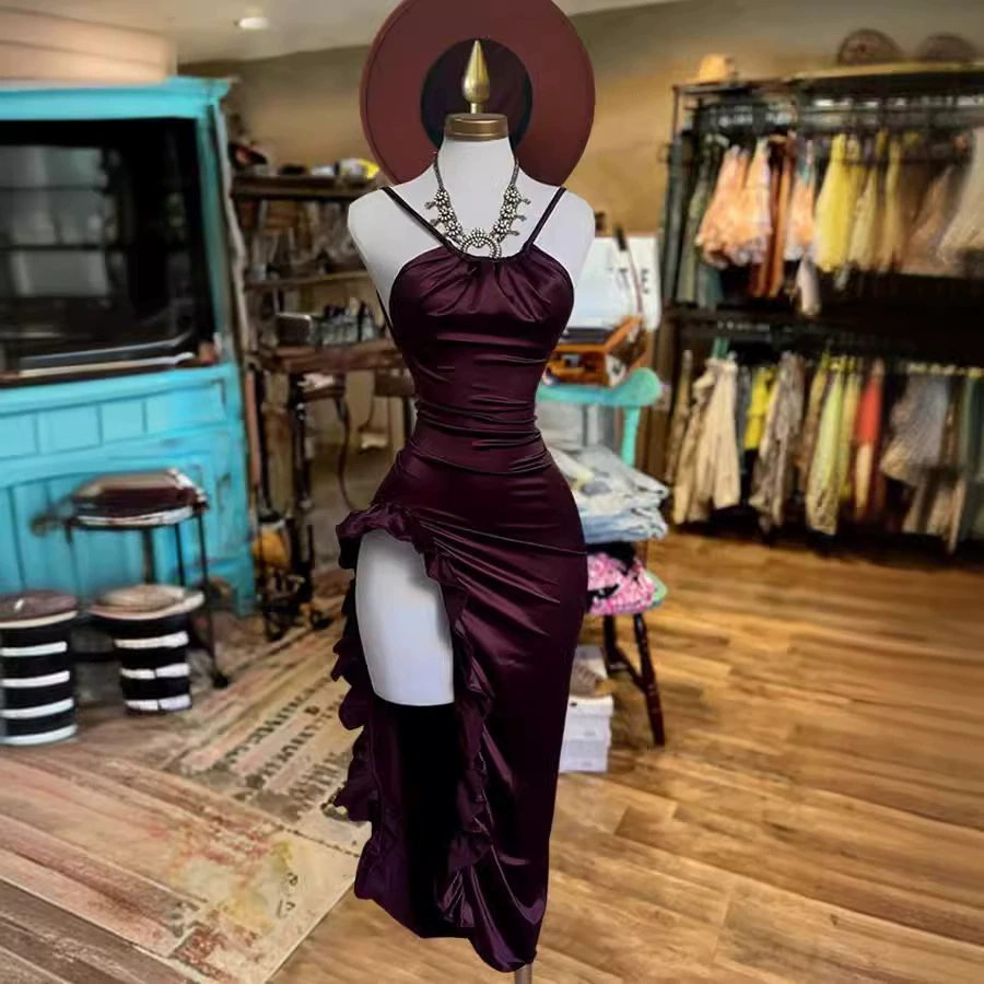 2024 Европейская и американская мода, независимый сайт Amazon, без рукавов, на подтяжках, однотонное атласное платье, открывающее ноги