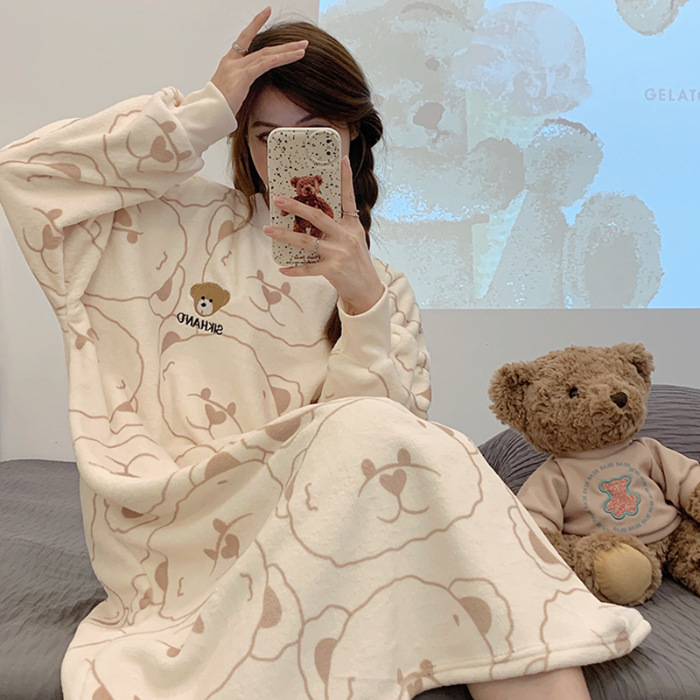 Pijamas de mujeres otoño invierno de franela lindo dibujo animado 2024 nuevo coral de lana gruesa falda cálida ropa para el hogar