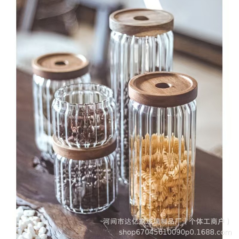lata de té alta borosilicona vidrio contenedor tanque de almacenamiento cubierta de madera Acacia lata de almacenamiento lata de cáscara de naranja lata de sellado de vidrio rayado
