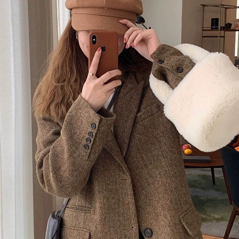 2024 весенне-осенний новый шерстяной костюмный пиджак больших размеров для полных женщин, шерстяное пальто средней длины [2288]