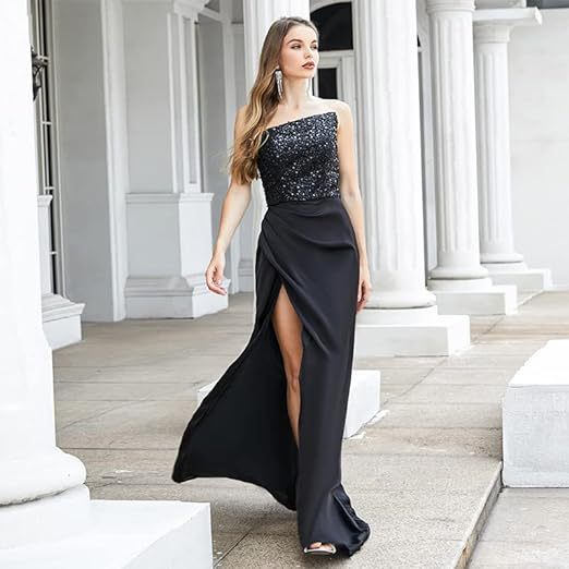 Amazon Satin Evening Dress 2025 New Women's Prom Dress Side Slit Bridesmaid Dress Fashion Dress