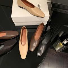 胎牛皮方頭淺口單鞋女平跟鞋春夏新品純色韓版方頭低幫奶奶鞋女鞋