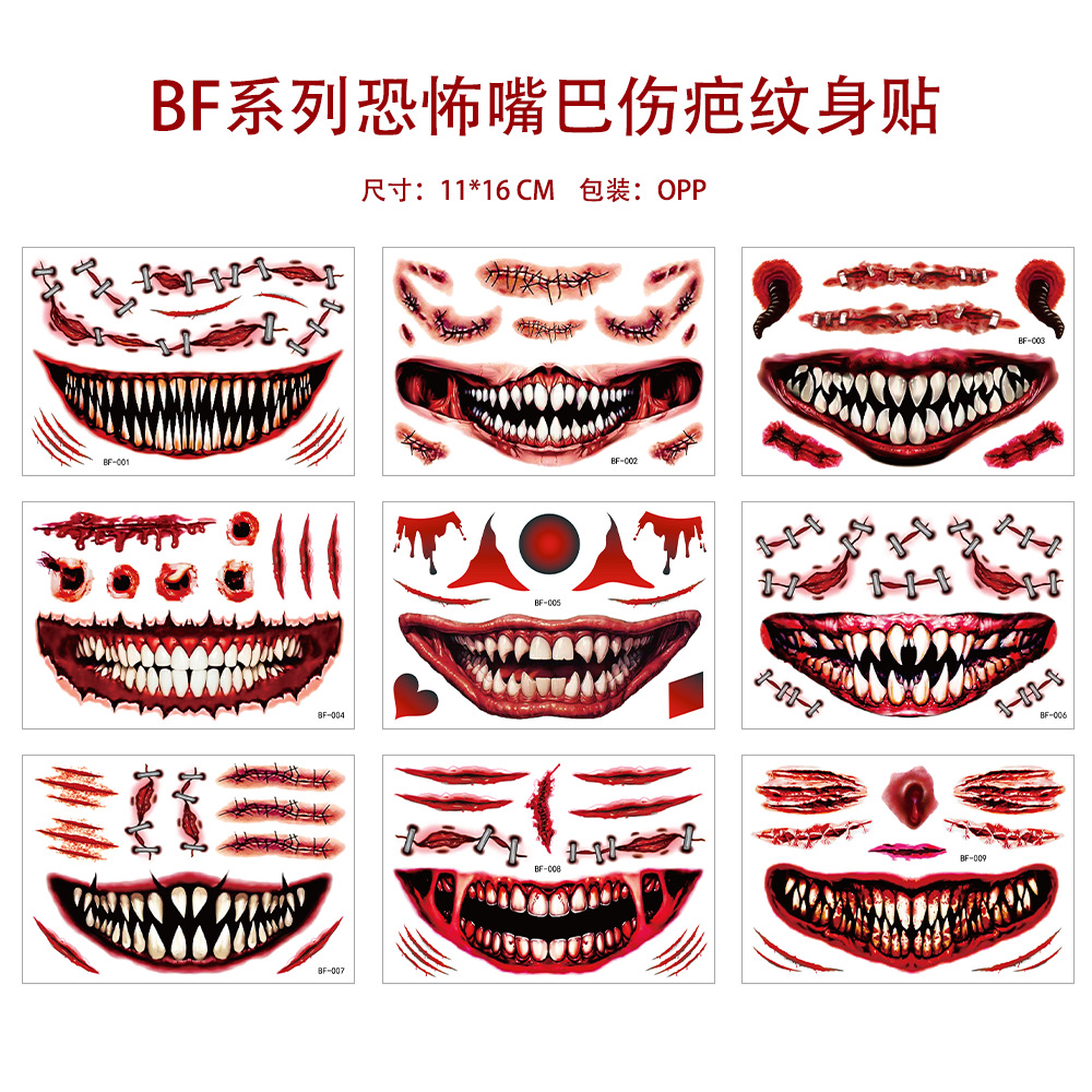 Tatuajes Temporales Faciales de Calavera y Cicatrices Papel de Transferencia de Agua Impermeable para Halloween