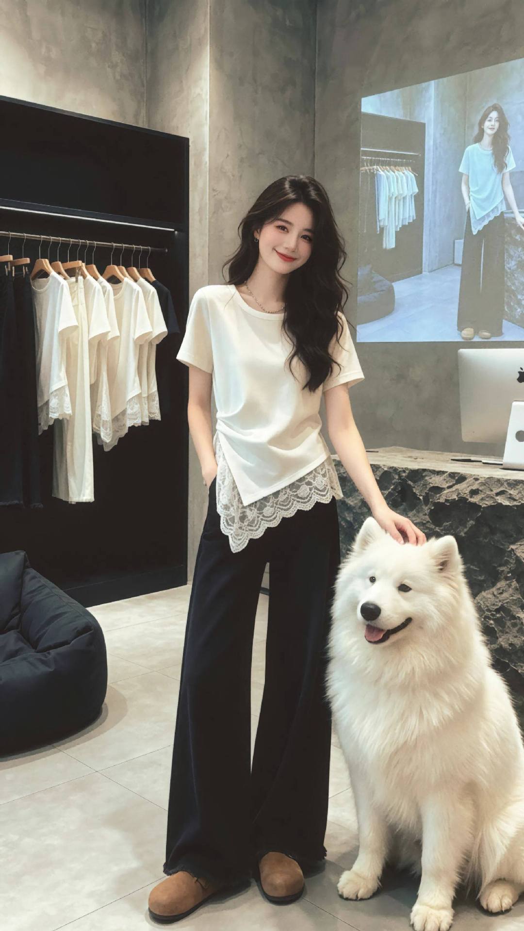 Áo thun nữ tay ngắn cổ tròn phối ren viền gấu bất đối xứng — màu đen chi tiết 4