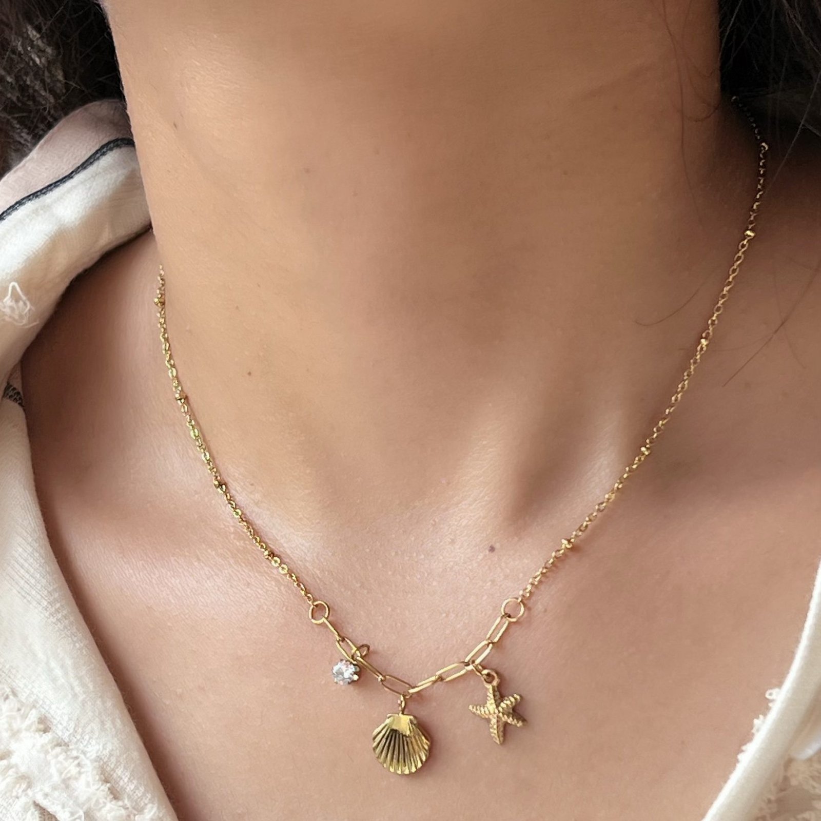 Scallop, Starfish Pattern Women's Gender Ion Plating (IP) 18K Gold Plated Scallop Starfish 201 Stainless Steel Vacation Marine Style Waterproof Non Tarnish Multi Charms Necklace