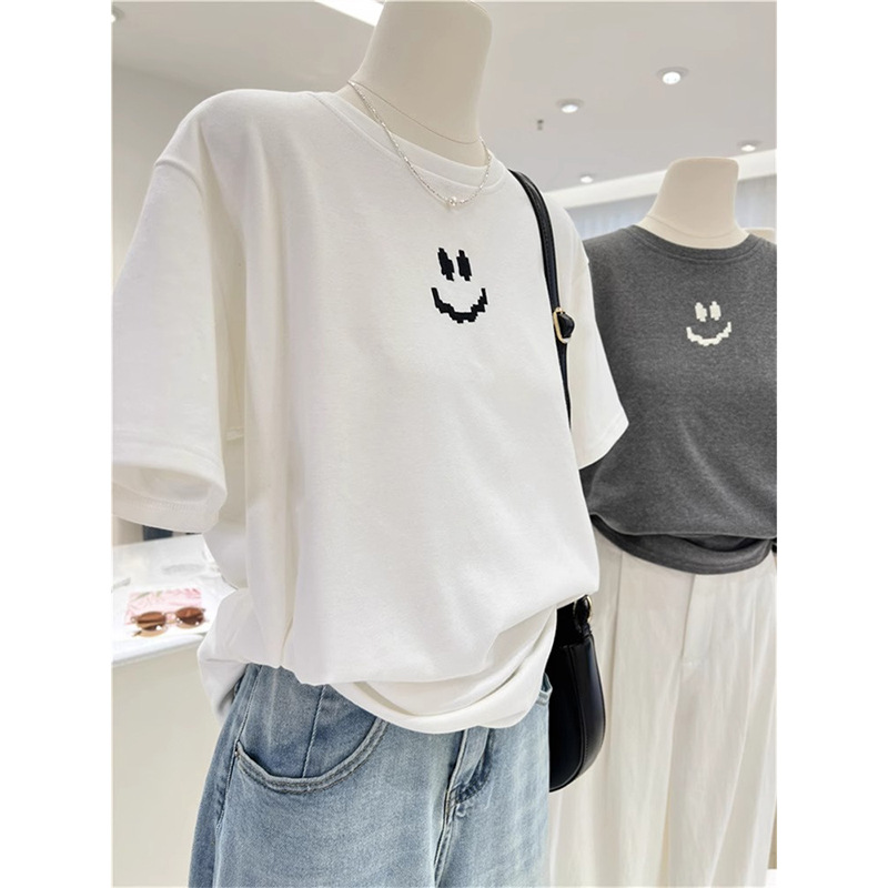 Pure Cotton Spring and Summer All-match Simple Smiley Korean Grey Loose Slimming Short-sleeve Base Shirt T-shirt Female Niche Lazy