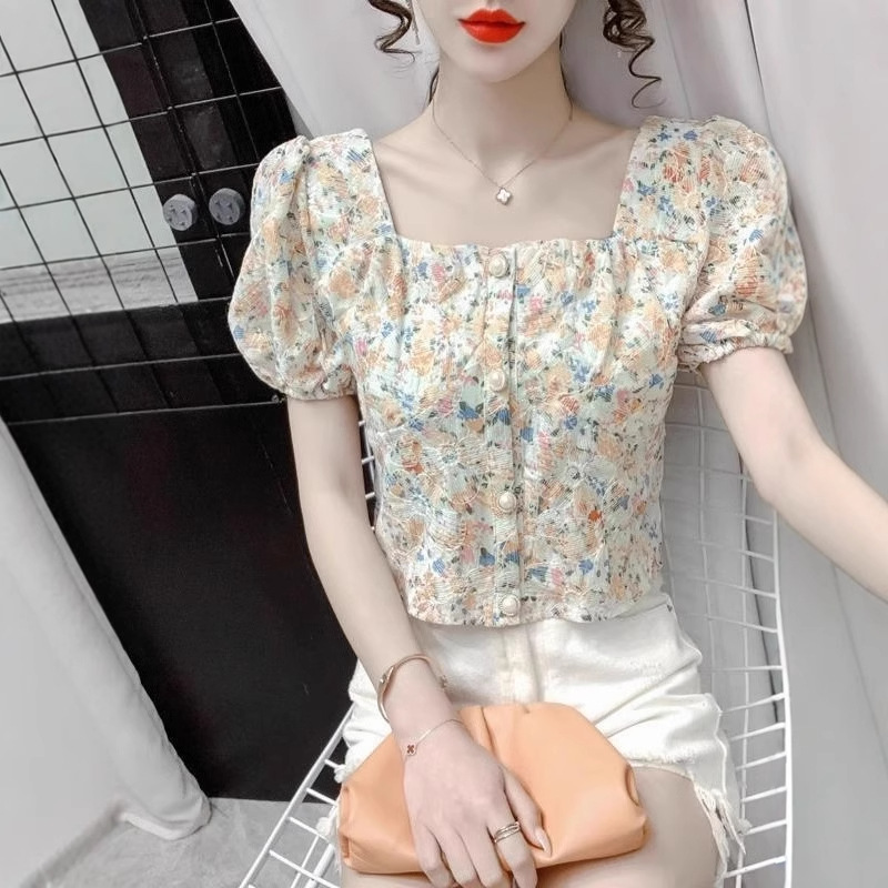 여성을 위한 프렌치 스퀘어 넥 반팔 꽃무늬 쉬폰 셔츠, 니치 여름 신작 퍼프 슬리브 쇼트 탑, 달콤함