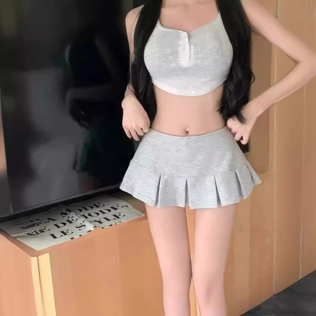 (2개) 미국 스타일 섹시한 틈새 낮은 허리 슬리밍 울트라 짧은 A 라인 스커트 여성의 여름 순수한 눈부심 방지 스포츠 플리츠 스커트 JK 스커트