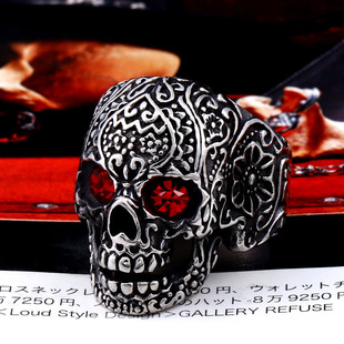 Men's Fashion Skull Ruby Ring European and American Style Retro Red Gemstone Inlaid Ghost Head Ring Hand Jewelry