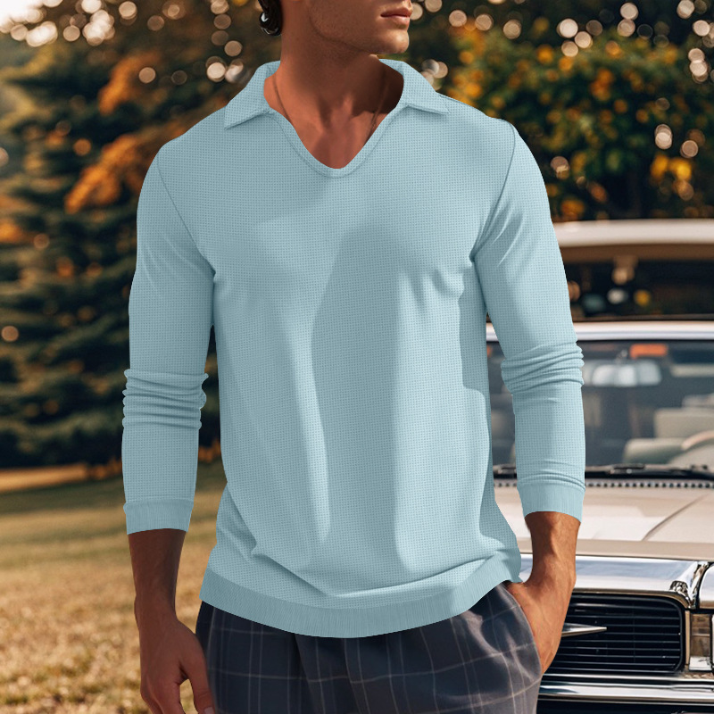Podzimní a zimní americké pánské tričko s dlouhým rukávem, tenký střih, vaflový styl, slim fit, klopový pletený svetr pro muže_voghion.com