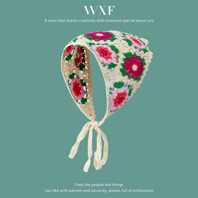 Francés vintage turbante mujer turbante triángulo de dopamina viaje dulce encantador gancho flores estilo de arte de punto de moda correa de pelo