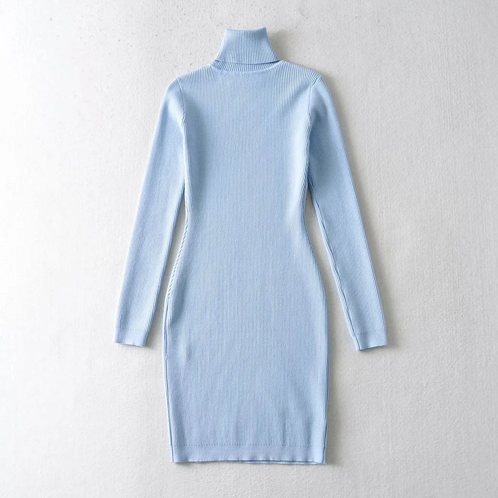 long-sleeved high-neck side slit knitted dress NSHS46878