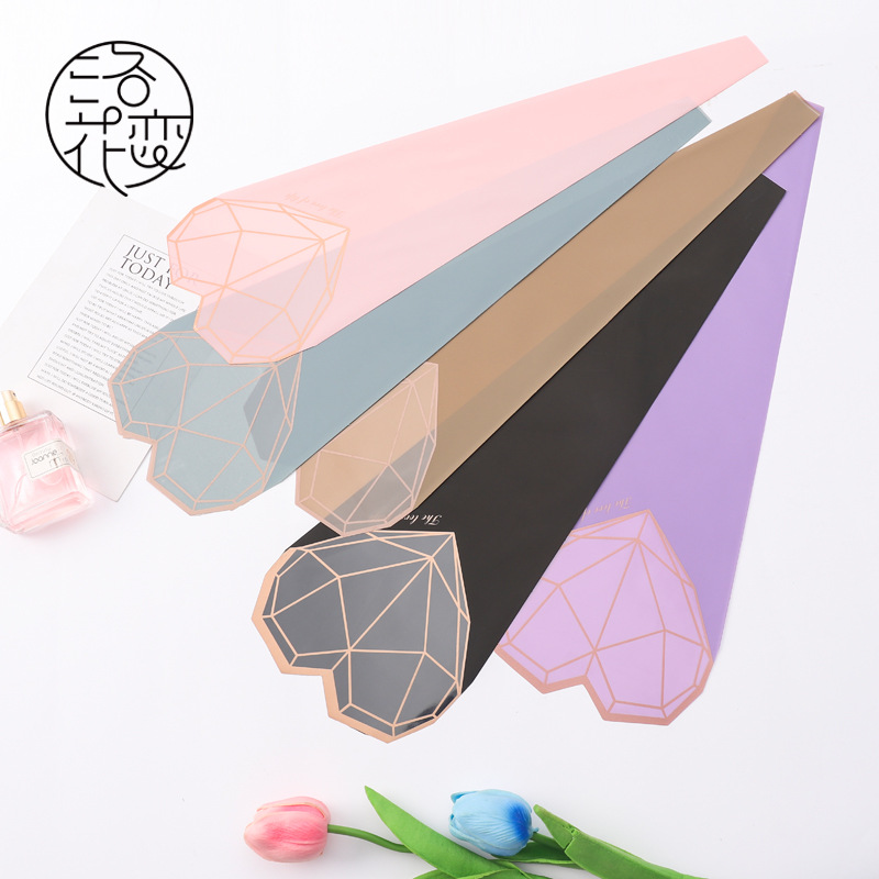 钻石心半透明鲜花包装袋简约防水花束包装袋情人节玫瑰花单支袋