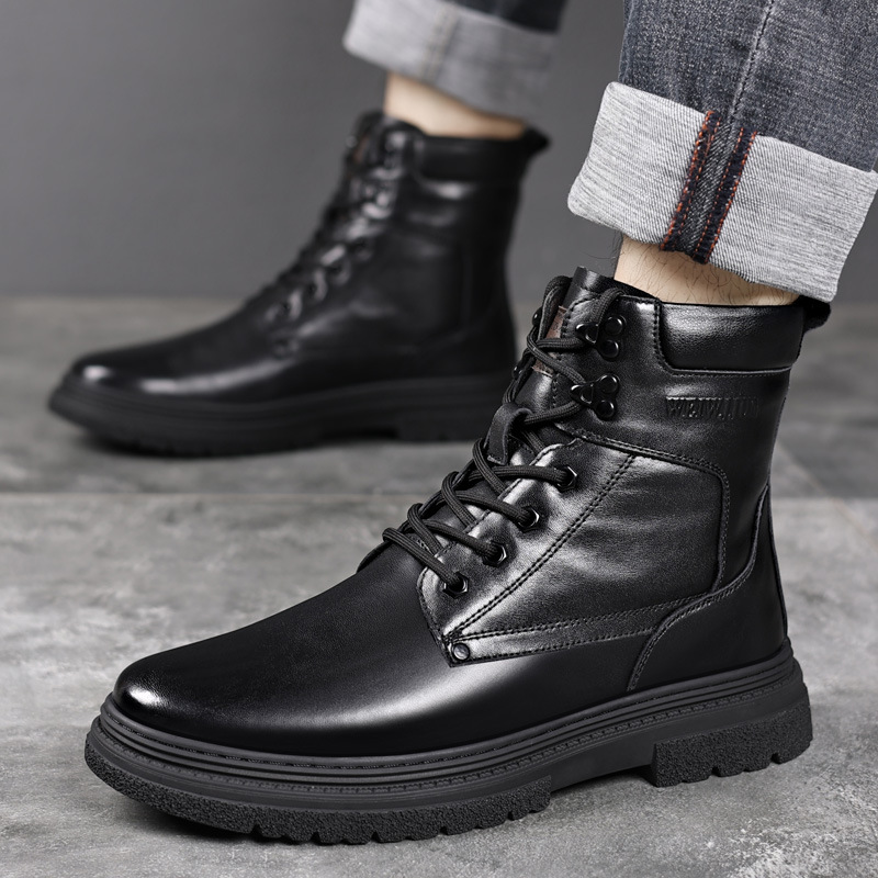 Capa de piel de vaca de invierno para hombres zapatos de algodón de lana de cuero al aire libre botas militares cálidas para hombres botas de cuero de terciopelo botas Martin para hombres