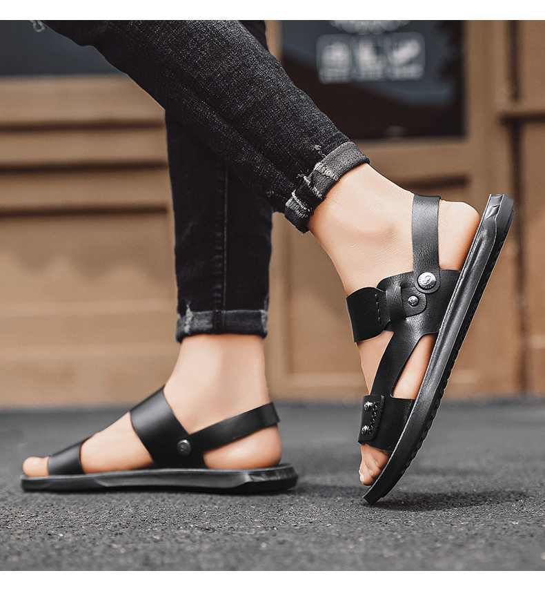 Dép sandal nam hở ngón chất liệu da PU chống trơn thoáng khí đi biển mùa hè — Màu nâu, Đen toàn bộ chi tiết 12