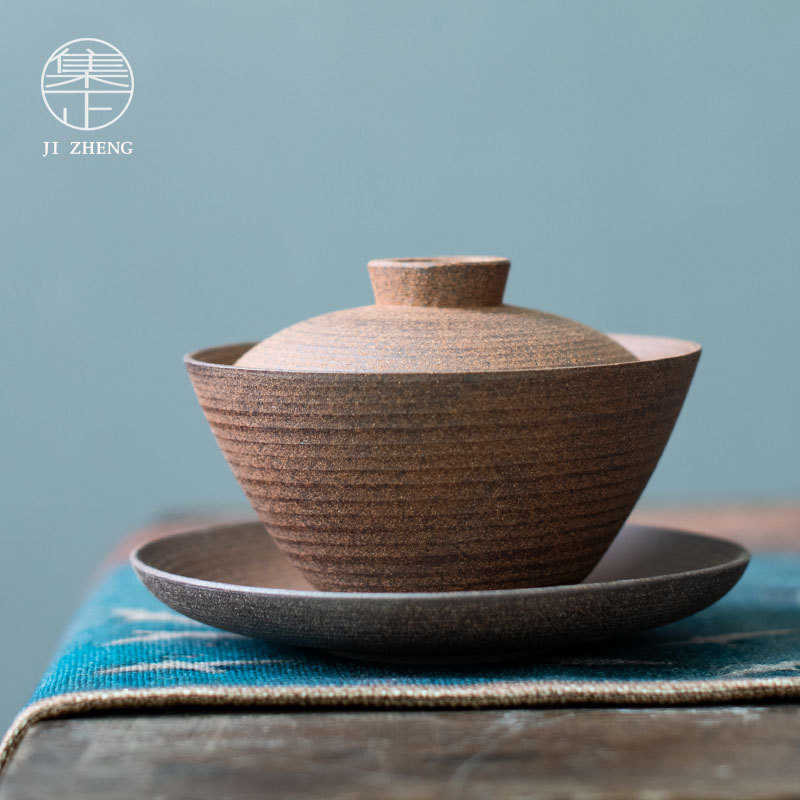 Stone Pottery Unglazed Three-cai Bowl Single Household Kung Fu Tea Set Tea Bowl Large Retro Handmade Ceramic Tea Set