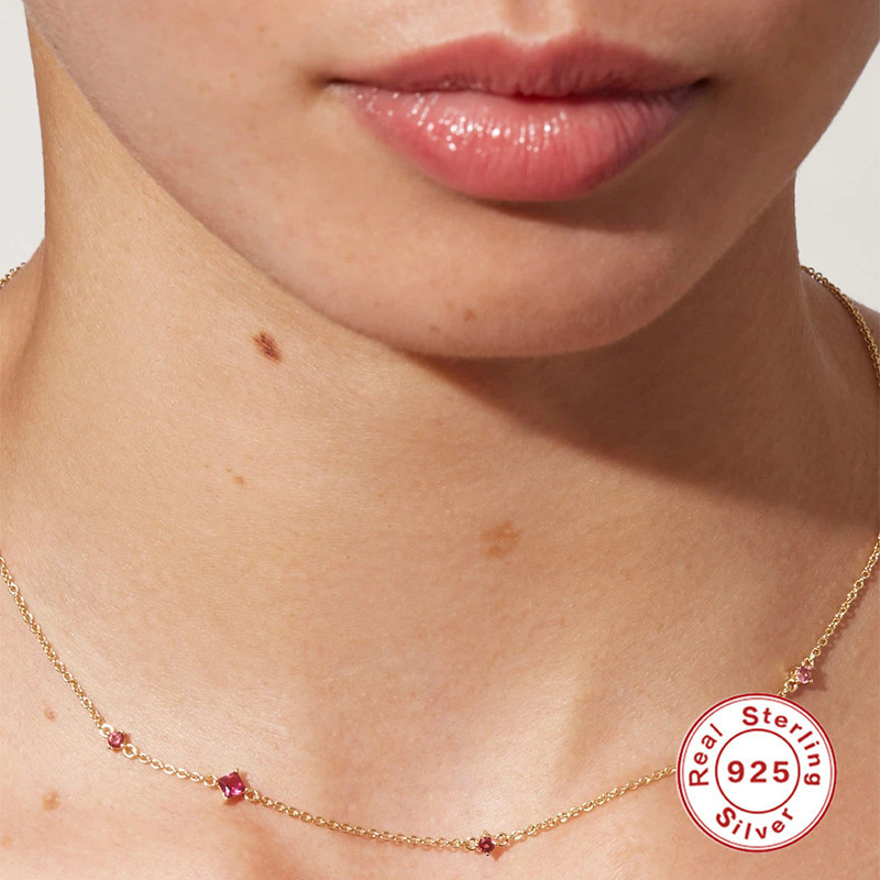 Round, Square, Oval Pattern 1 Piece 925 Sterling Silver Round Square Oval Zircon Cable Chain Necklace
