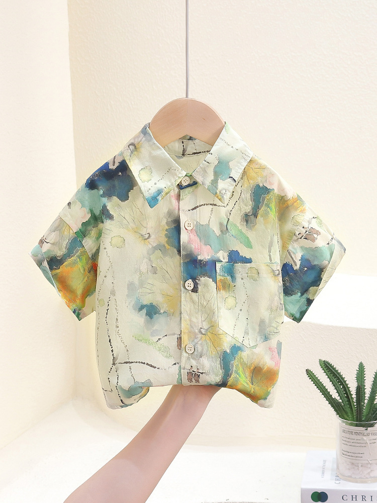 7847 Camisa de manga corta de verano para niños 2025 Camisa de pintura en tinta guapa para niños de nuevo estilo Camisa de media manga para bebés Tapa fina