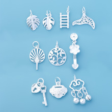 S925纯银素银树叶梯子鱼尾扇子如意锁平安锁吊坠diy手链银饰配件