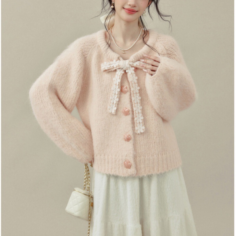 New autumn and winter soft and sweet style slim-fit sweater coat with bow ties, knitted cardigan for women