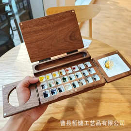 木制颜料盒水彩绘画板便携式分格调色板多格实木颜料收纳盒