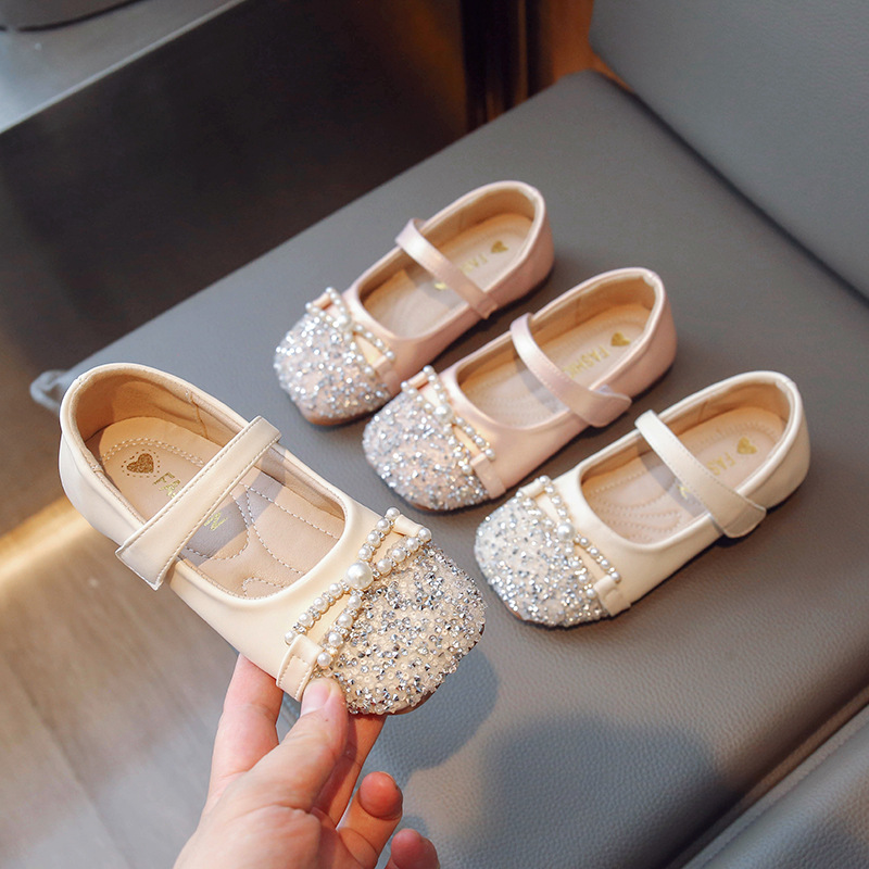 Girls' Leather Shoes 2025 Autumn New Soft-Soled Fashionable Pearl Bow Rhinestone Princess Shoes for Baby Girls and Older Children