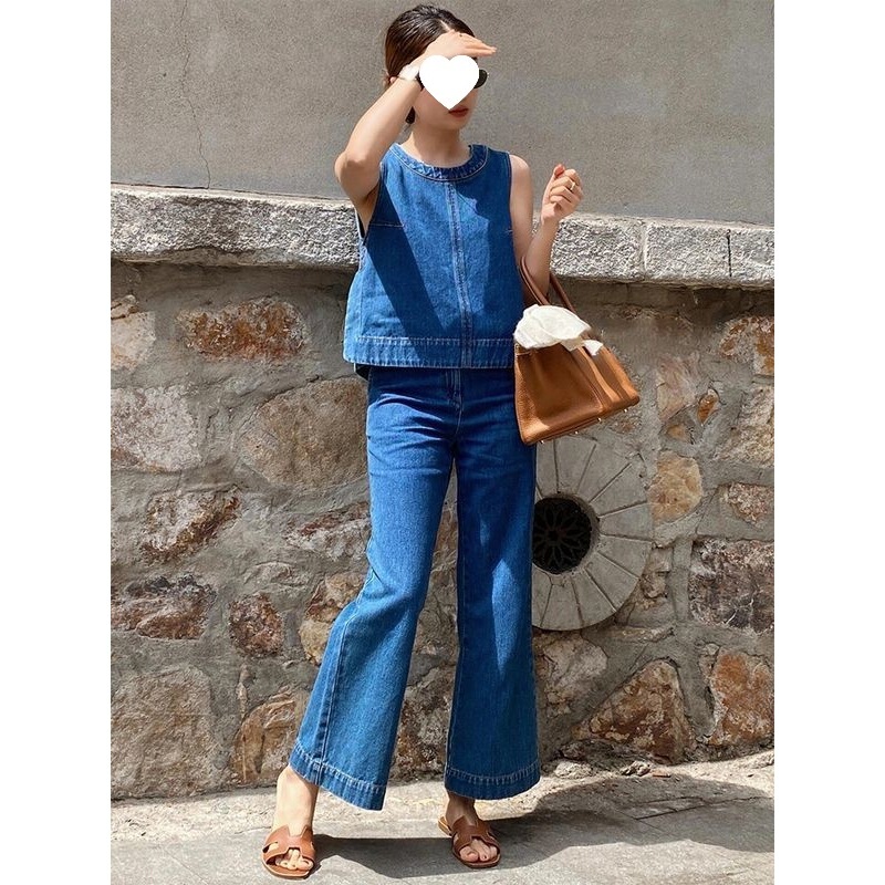 Korean-Style Blue Denim Vest and Pants Set, Casual and Sophisticated Two-Piece Women's Outfit, Chanel-Style Summer Outfit, Complete Set