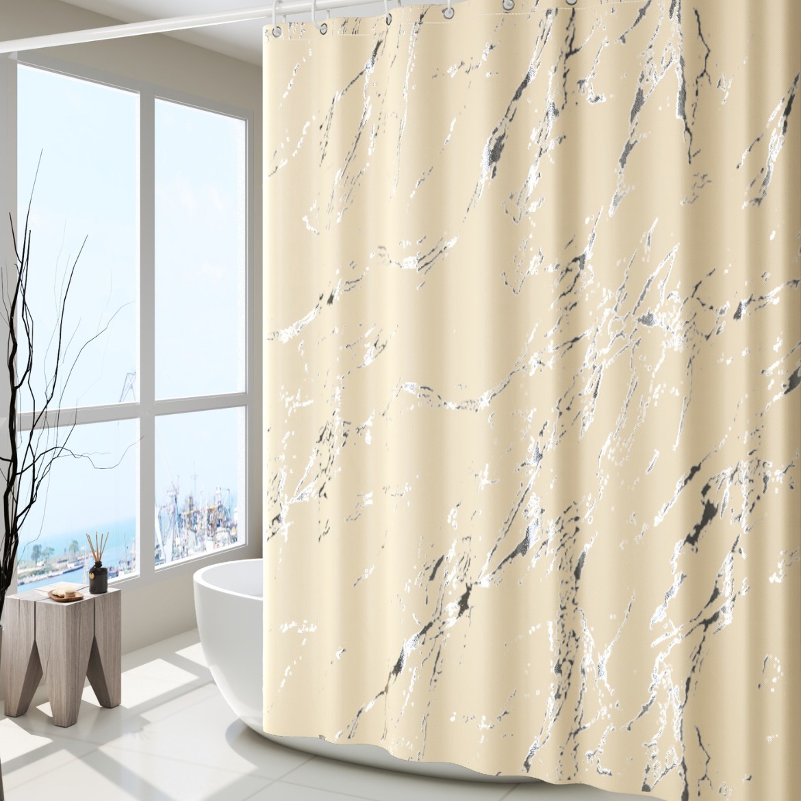 Rusia venta caliente de lujo ligero de alto nivel estampado de oro y plata estampado cortina de baño impermeable cortina de partición de baño cortina de baño sin perforación cortina de baño
