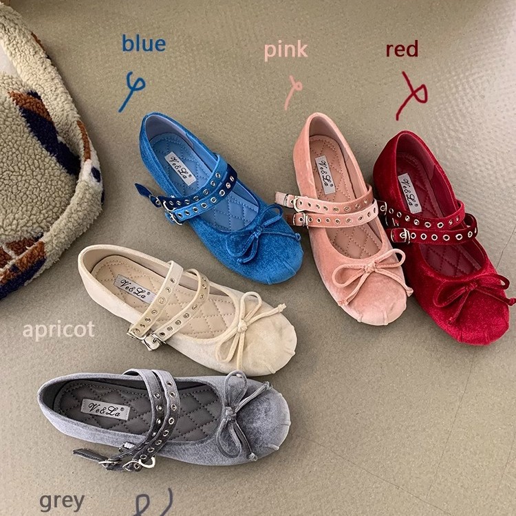 Zapatos de ballet de terciopelo de doble botón, zapatos de mujer, suela suave de noche, 2025 nuevos zapatos de arco francés, Mary Jane.