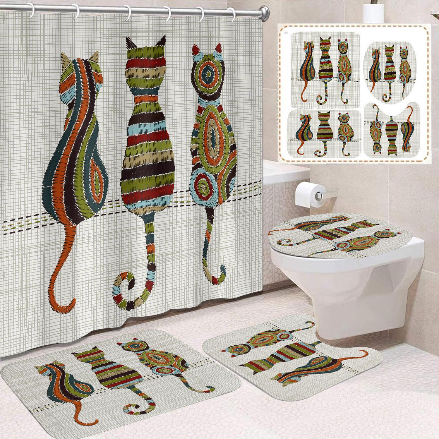 Fuente de fabricantes Amazon animales gatos niños cortina de ducha impermeable a prueba de moho cortina de ducha inodoro partición de baño divertido